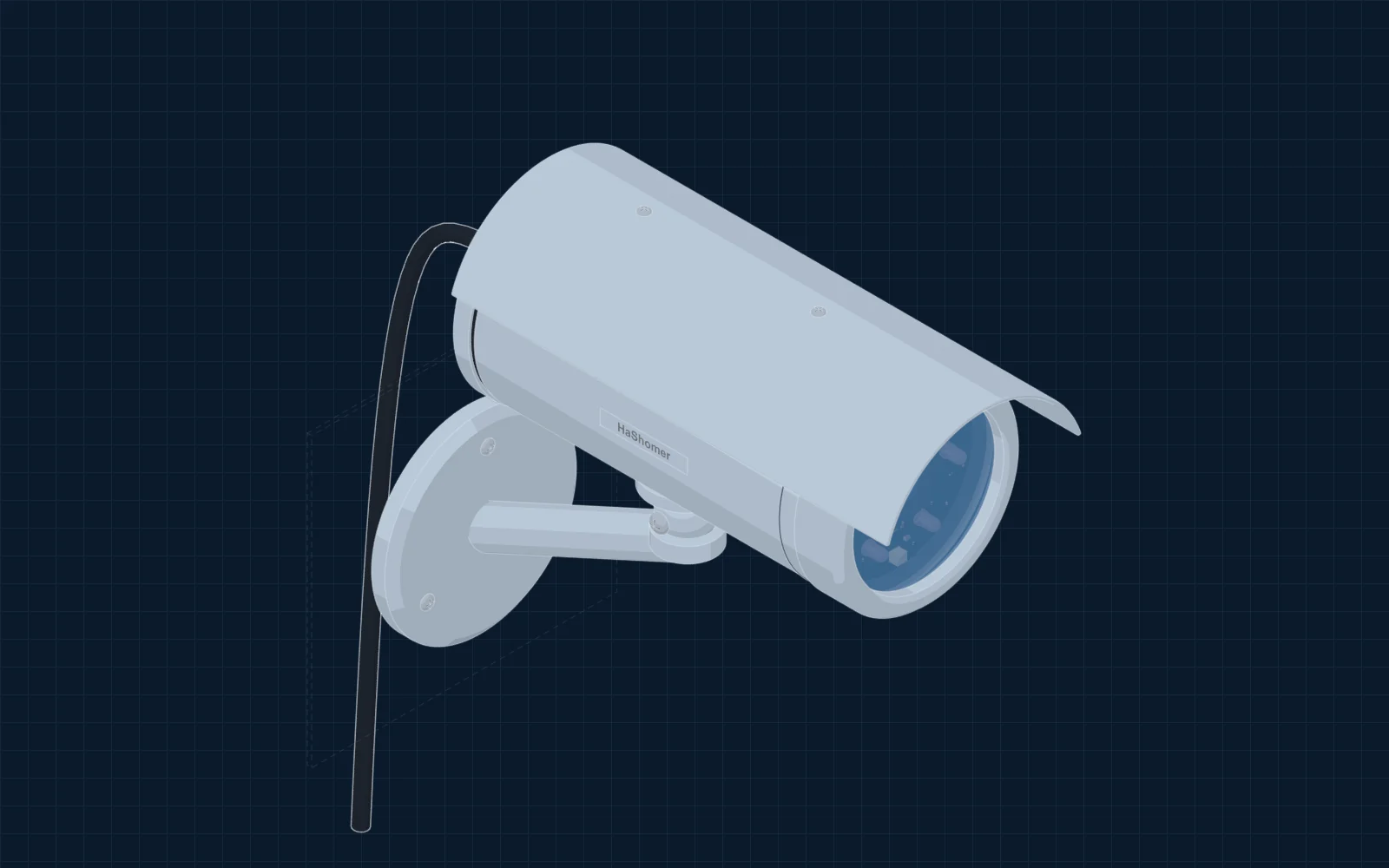 Isometric drawing of the finished Vigil camera: a white bullet camera with a sun shield, front window and infrared ring, on a wall arm.