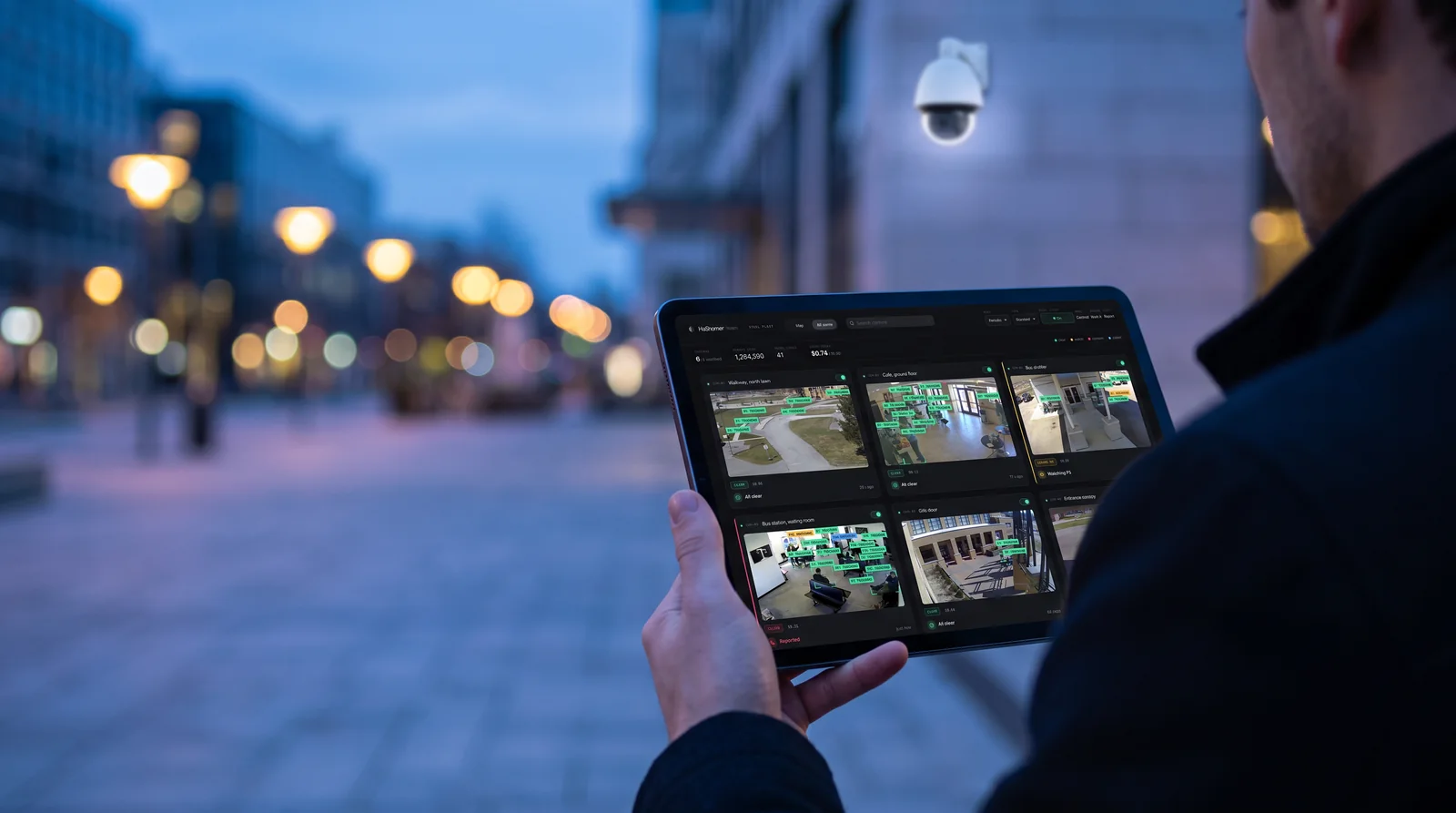 A tablet held in a city square at dusk showing the wall of cameras, with a security camera on the building behind.